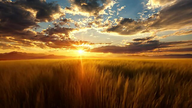 Golden hour farm or wild grass field during sunset with light piercing through clouds, flying over natural landscape speed up drone video footage.