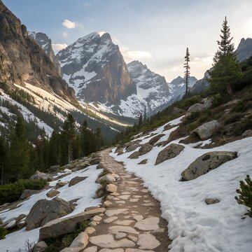A Rocky Mountain Trail Winding Through Snow Covere,