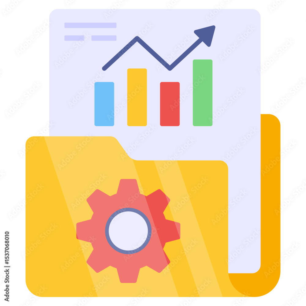Aufkleber business data analytics folder with upward trend graph and cogwheel icon for performance management