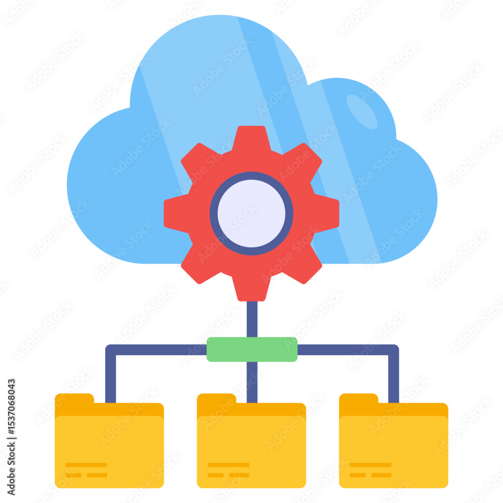 Poster cloud data storage management concept with centralized network folders and settings gear icon