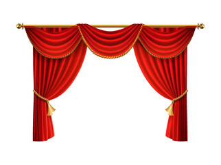 Realistic vector icon illustration Movie cinema or opera hall Red velvet curtain prapery with
