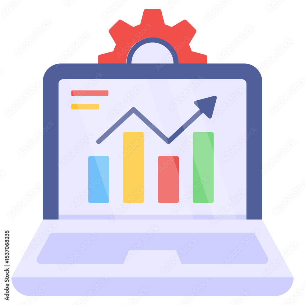 Poster laptop screen showing business data analysis and financial growth graph with ascending arrow and set