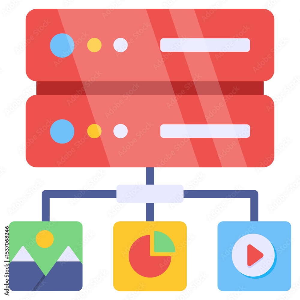 Poster digital server connecting various content types icon data storage network illustration