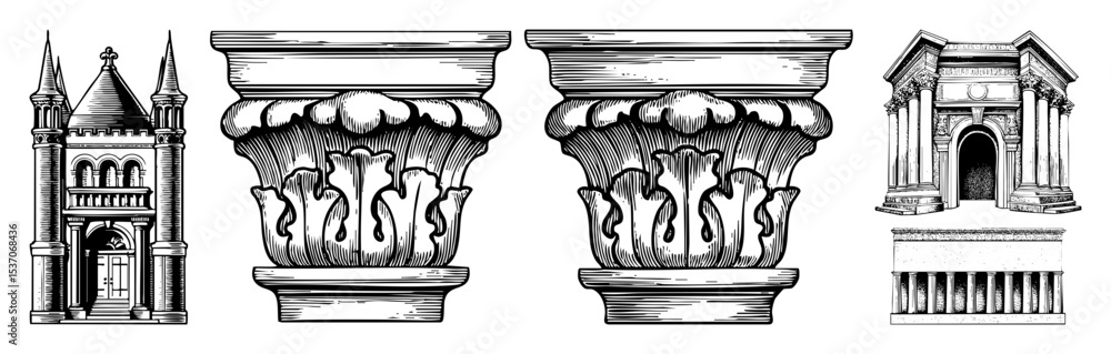 Poster vector architectural elements including a tower ornate vases and a classical pavilion are presented 