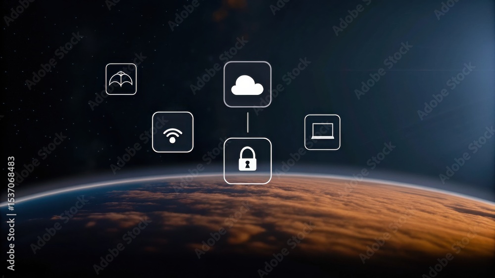 Poster a digital network security concept with cloud, lock, and connectivity icons over a view of earth fro