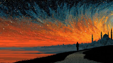 Starlit Desert Landscape with Meteor Shower Silhouette, Night Sky Illustration and Digital Art, Copy Space