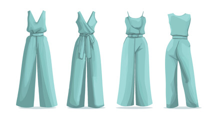 Digital illustration depicting four variations of a light teal wide-leg jumpsuit.  Each jumpsuit is shown from a front and back view. The illustrations are rendered in a style that mimics