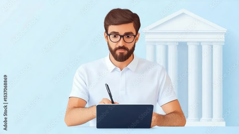 Poster professional man working on a tablet in front of a classical building with columns, modern workspace
