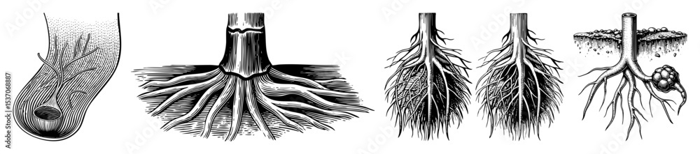 Poster vector botanical depicts tree root systems in varying stages of development.