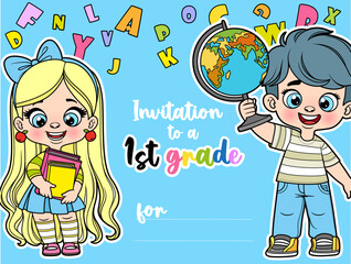 Invitations for a child in 1st grade of elementary school on blue background