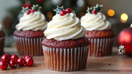 Red velvet cupcakes with cream cheese frosting and holly berries white plate holiday baking