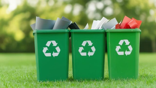 Hand sorting waste paper into recycling bins on green grass during a bright sunny day in a park environment