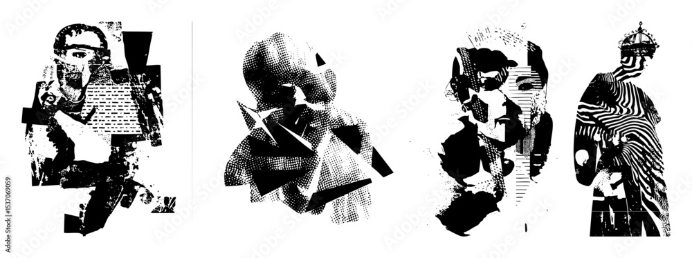 Poster vector abstract portraits of figures with halftone and geometric shapes.