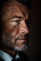 Obraz premium Portrait of a Mature Man with Graying Beard Intense Gaze Serious Expression Profile View Dramatic Lighting Studio Shot Professional Headshot Masculine Features Strong Jawline Detailed Texture Wrinkled