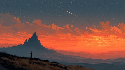 Meteor Shower over Desert at Night, Celestial Sky Scene, Fantasy Art Illustration with Silhouettes, Copy Space