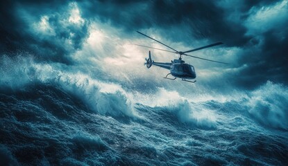 Helicopter soars through a turbulent storm sea