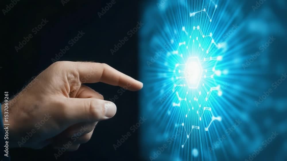 Poster hand interacting with digital technology interface representing data connections and artificial inte