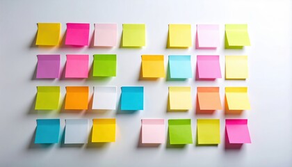 Colorful Sticky Notes on Wall: A vibrant arrangement of colorful sticky notes adhered to a wall, creating a visually appealing pattern. Ideal for concepts related to planning, ideas, and organization.