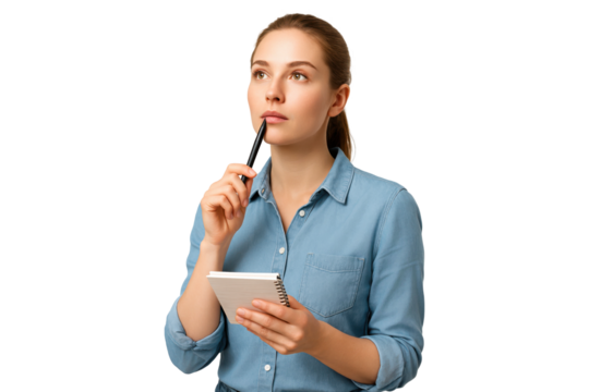 Woman thinking while holding notepad and pen,  PNG
