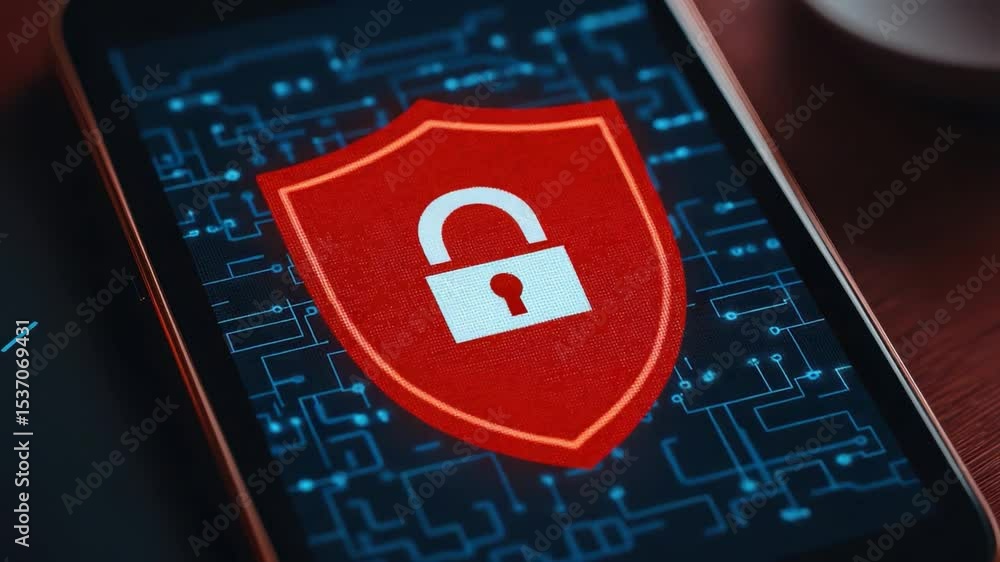 Poster smartphone with a security symbol displaying digital protection concept on screen, illustrating onli