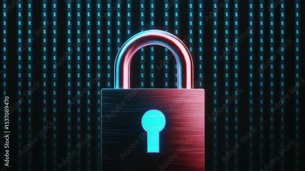 Poster digital padlock with blue light on dark background representing cybersecurity concept and data prote