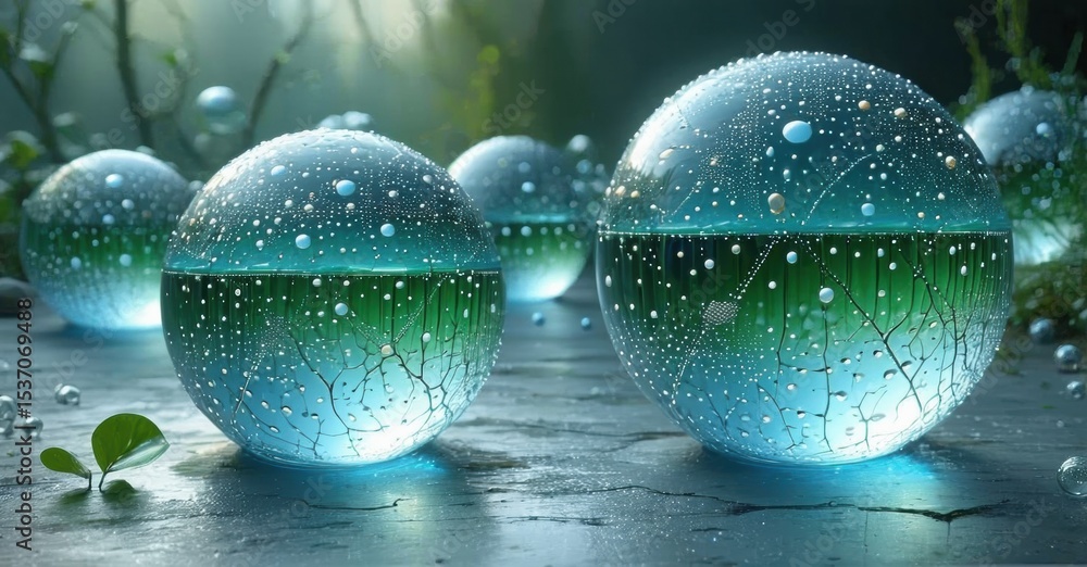 Poster glowing spheres contain water, foliage. wet surface reflects light, creating ethereal scene. dark ba