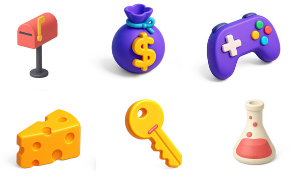 Collection of 3D icon mailbox money bag game controler key cheese and test tube. 