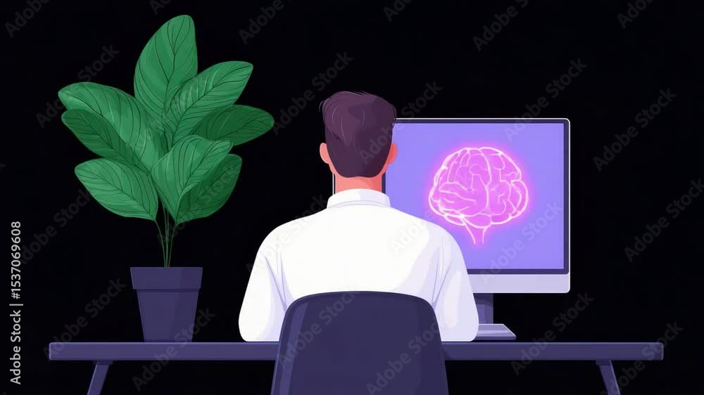 Aufkleber man observing brain visualization on computer screen in modern workspace with indoor plant