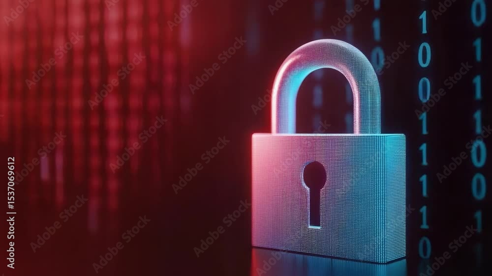 Poster digital security concept with a glowing padlock symbol on a binary background representing data prot