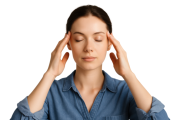 Woman practicing mindfulness and stress relief, isolated on transparent background