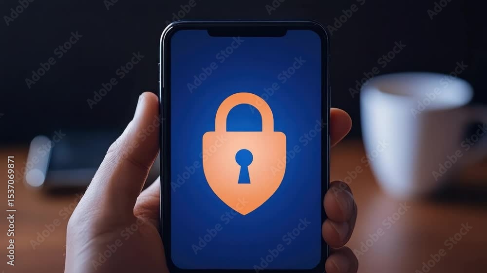 Poster mobile phone with lock symbol on screen representing security and privacy in digital technology and 