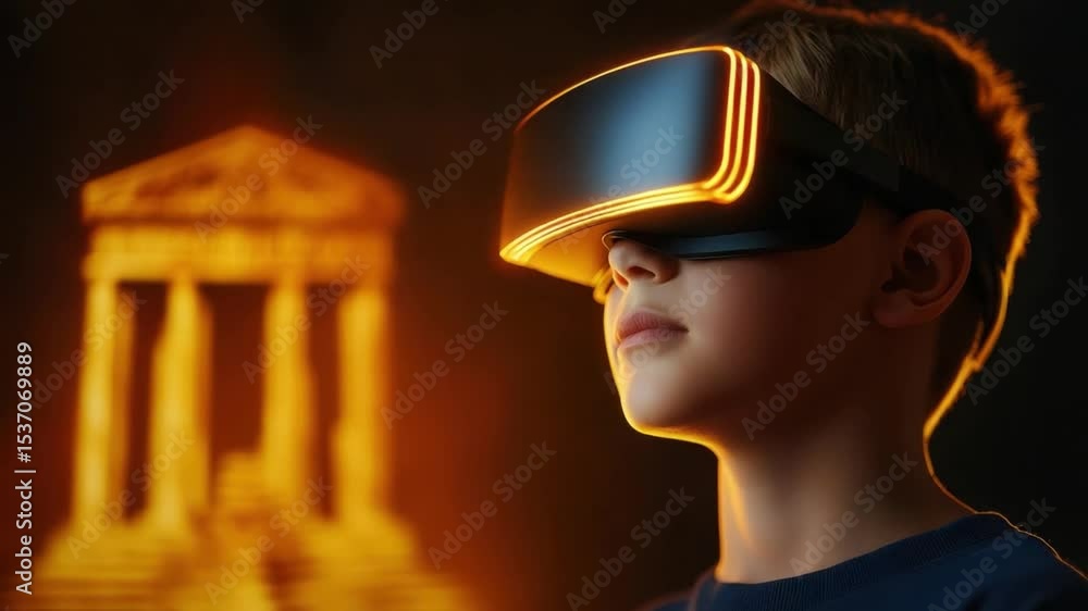 Poster young boy engaged in virtual reality experience with futuristic elements and ancient architecture in