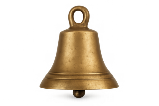 Golden metallic bell suspended, gleaming against transparent backdrop, waiting to resonate with melodic chime