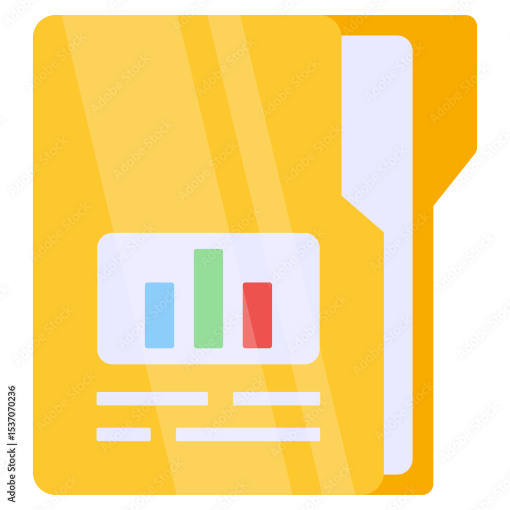 Poster yellow folder icon with business bar chart document for data analysis and financial reporting