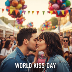 Naklejka premium Couple kissing at World Kiss Day celebration in vibrant outdoor festival