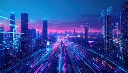 Fototapeta premium Futuristic city highway at dawn
