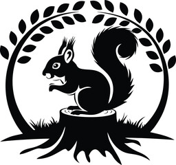 A Minimalist Black Squirrel Silhouette on Tree Stump with Leaves – Vector Art, squirrel on a branch