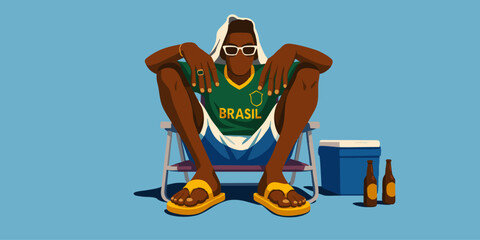 Man on Brazilian Beach with Cooler and Beers in Flat Vector Art Style