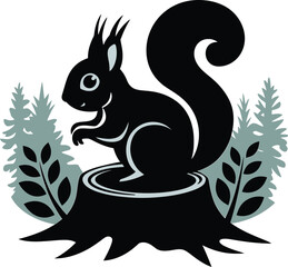 Sitting Squirrel with Curled Tail Silhouette – Forest Scene Vector Design, squirrel on a branch