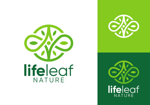 happy people with leaf nature logo. wellness circle infinity line art symbol vector design