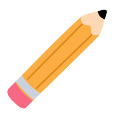 A flat, colorful cartoon-style yellow pencil icon with pink eraser and graphite tip. Ideal for school, education, and stationery designs.