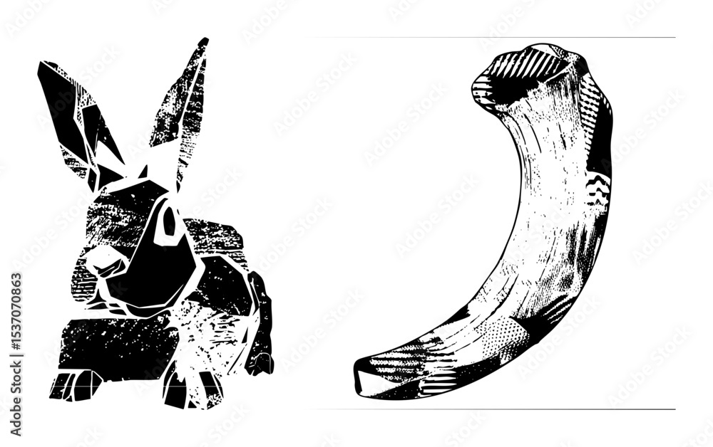 Poster vector rabbit and curved tusk in style.