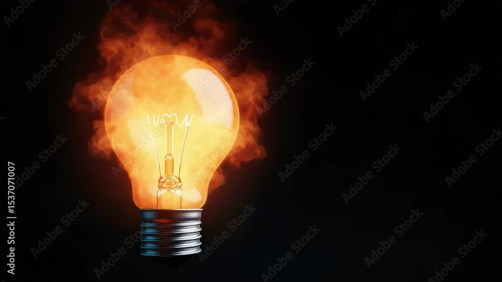 Poster glowing light bulb emanating flames on black background creating dynamic and intense visual contrast