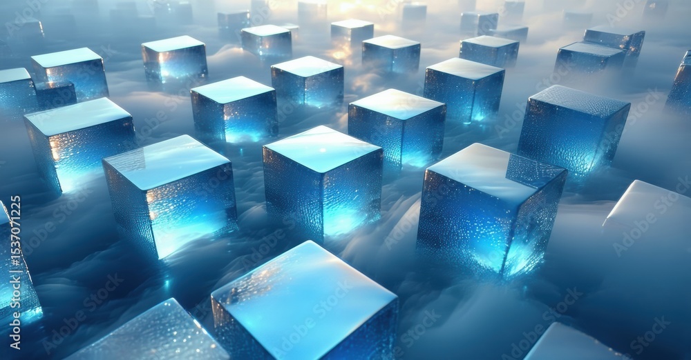 Poster Glowing cubes float above reflective surface. Blue light emanates from within, creating ethereal scene. Minimalist design, futuristic aesthetic.
