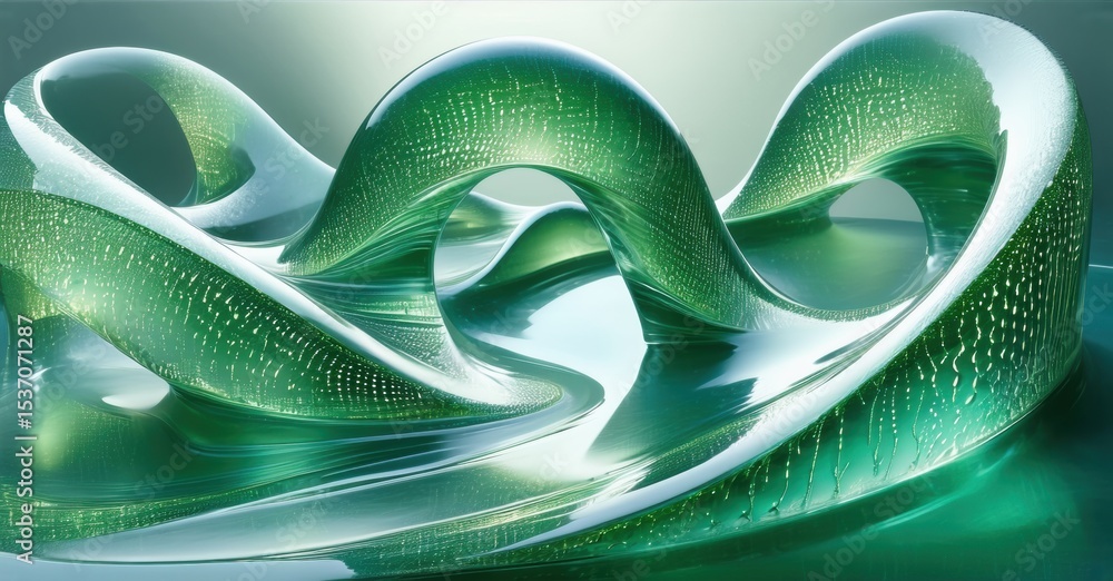 Poster Abstract green sculpture. Smooth curves, flowing forms, translucent material. Light reflects, creating dynamic visual texture. Modern art piece.