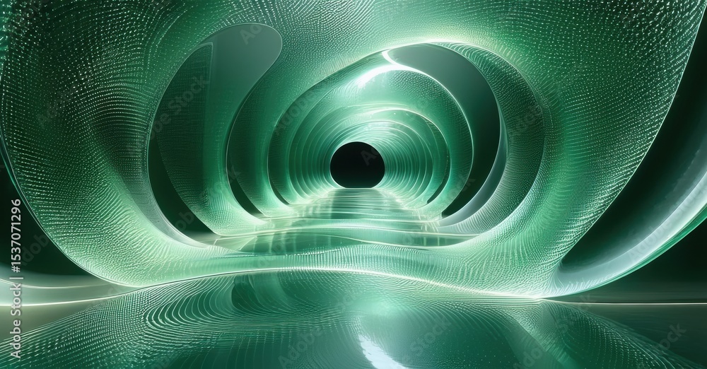 Poster abstract tunnel, glowing green hues, symmetrical design. reflections create depth, futuristic aesthe
