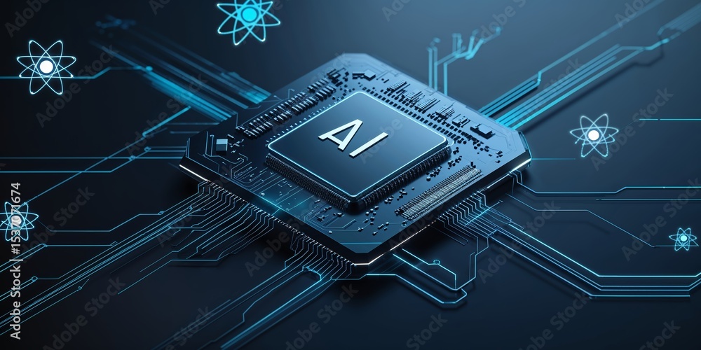 Poster innovative ai microchip design showcasing advanced technology and intricate circuitry in a sleek dig