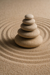 Fototapeta na wymiar A high-resolution photograph captures an arrangement of smooth, stacked zen stones placed on fine sand, with concentric raked circles around the base.
