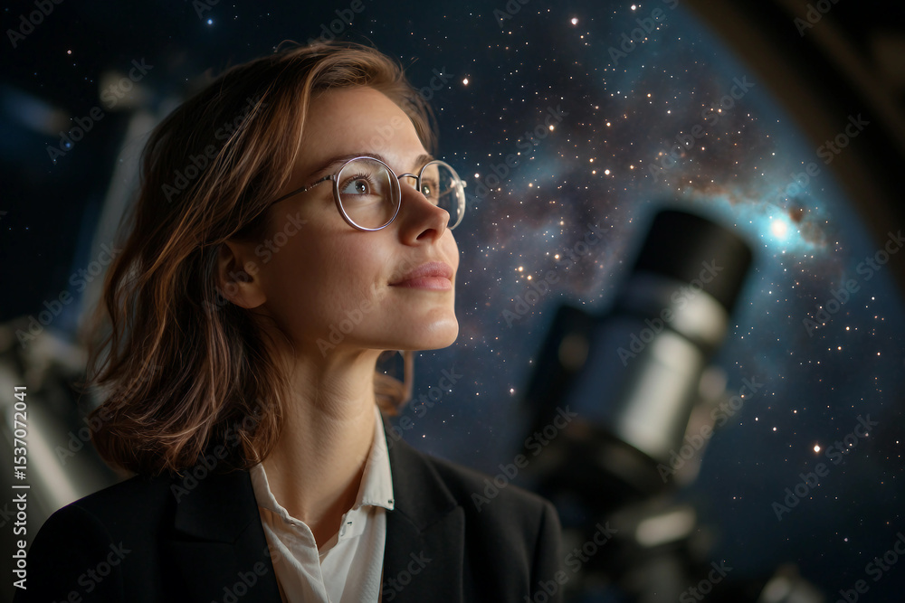 Poster scientist working with telescope during astronomy and space research project at night using generati