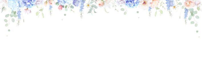 Bridgerton inspired pastel floral vector design banner. Blue delphinium, white peony, coral rose, magnolia, hyacinth, hydrangea, greenery and plants. All flowers and branches are isolated and movable.